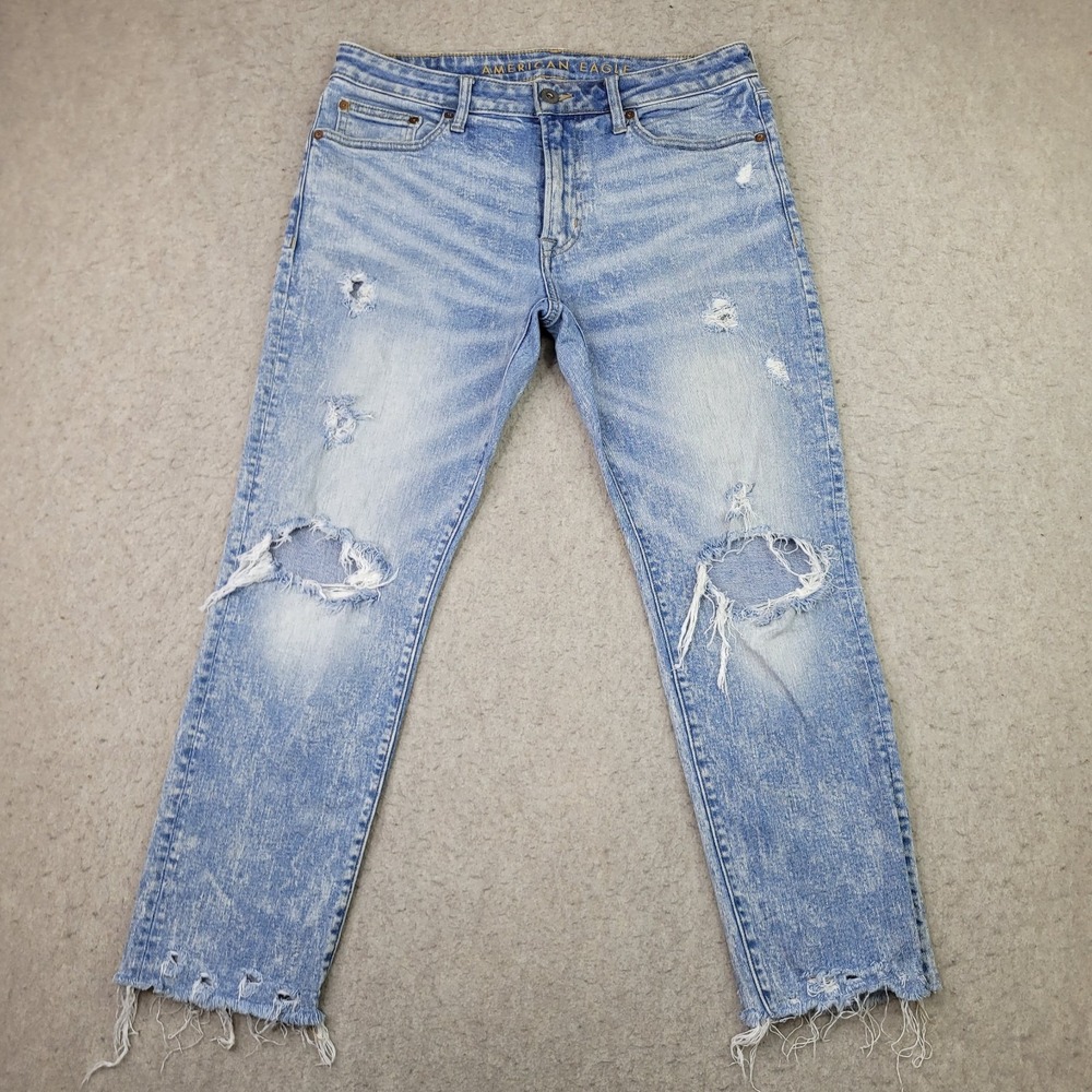 American Eagle Slim Flex Jeans Men 32x30 (Fits 32x26) Blue Light Wash Distressed